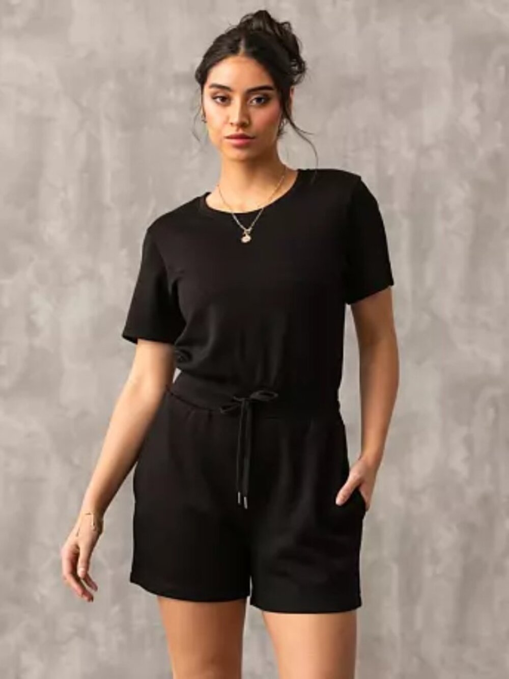 Buckle Black Knit Romper | Small | Athleisure Cinch Waist Casual Chic One Piece